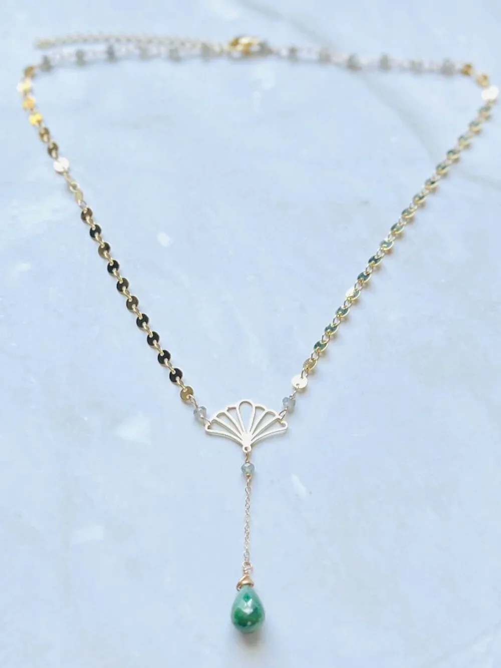 Genuine Emerald Necklace | Gold filled coin chain | Fan charm art deco necklace
